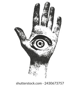 Psychedelic hand and eye with retro photocopy effect. Stippling technique. Texture of dots.