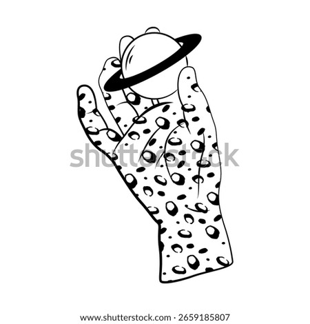 Psychedelic hand holding Saturn planet. Vector dotted cosmic palm grasp celestial sphere. Imagination and mystic visionary, cosmic fantasy and altered perception symbol. Cosmos and universe art.