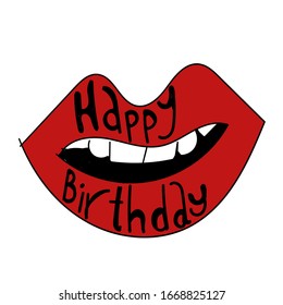 Psychedelic Happy Birthday postcard. Colorful bright art with red lips and lettering. Vector stock illustration in cartoon style.