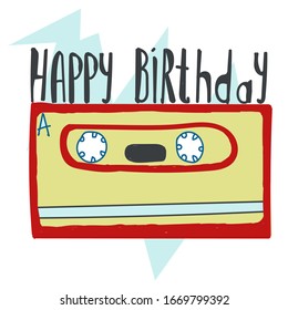 Psychedelic Happy Birthday postcard on cassette background. Colorful bright art with lettering. Vector stock illustration in cartoon style.