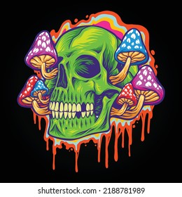 Calavera de cabeza psicodélica con hongos ilustraciones vectoriales para el logotipo de su trabajo, camiseta de mercancía, pegatinas y diseños de etiquetas, afiche, tarjetas de felicitación compañía comercial o marcas