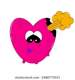 Psychedelic heart with explosion and tongue character in groovy style. Colorful trendy sticker or label. Flat isolated vector element or symbol of bright colors