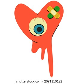 Psychedelic heart with eye and plaster vector cartoon sticker isolated on a white background.