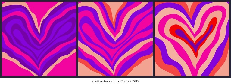 Psychedelic Heart set background. Valentines heart with checkerboard pattern. Abstract design poster retro love. Vector illustration