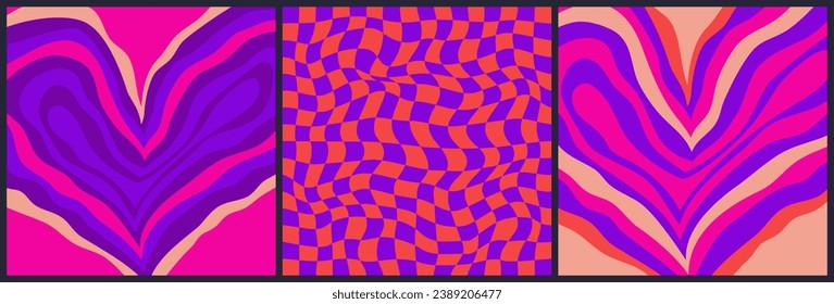 Psychedelic Heart set background. Valentines heart with checkerboard pattern. Abstract design poster retro love. Vector illustration