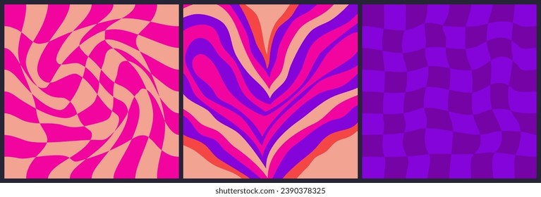 Psicodelic Corazón de fondo. Corazón de San Valentín con patrón de tablero de ajedrez. Amo retro de afiche de diseño abstracto. Ilustración del vector