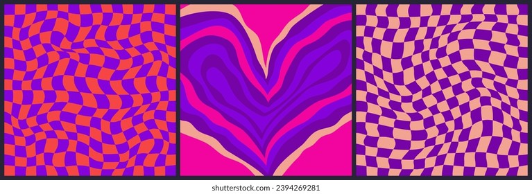 Psychedelic Heart set background. Valentines heart with checkerboard pattern. Abstract design poster retro love. Vector illustration
