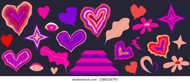 Psychedelic Heart set for valentines day. Set with flower and star. Retro tunnel psychedelic heart. Vector illustration