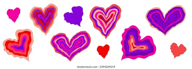 Psychedelic Heart set for valentines day. Retro tunnel psychedelic heart. Vector illustration