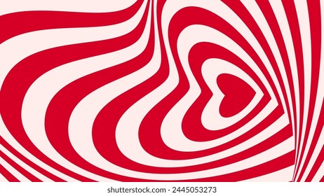 Psychedelic heart tunnel or hypnotic love background for Valentine or wedding, cartoon vector. Abstract heart red and pink stripes with spiral twirl of optical illusion for romance and love background