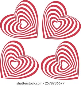 Psychedelic heart tunnel or hypnotic love background for Valentine or wedding, cartoon vector. Abstract heart red and pink stripes with spiral twirl of optical illusion for romance and love background