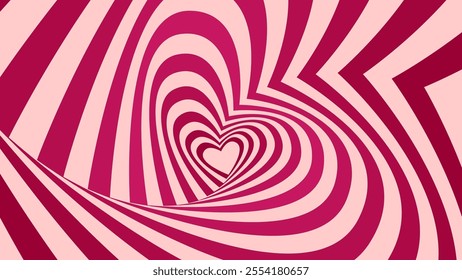 Psychedelic heart tunnel with hypnotic stripes swirl for Valentine or wedding, vector background. Cartoon abstract love tunnel of heart stripes in psychedelic spiral twirl on twisted background