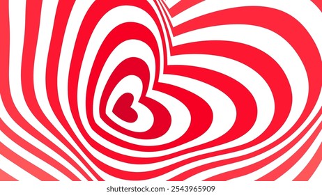 Túnel de corazón psicodélico, fondo de amor de Vector. El vibrante telón de fondo romántico distorsionado palpita con rayas rojas y blancas, hipnótica ilusión óptica hipnótica, remolino, caprichoso patrón de San Valentín