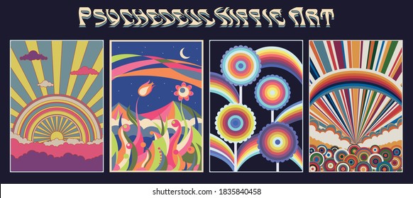 Psychedelic Hippie Art Patterns, Poster, Cover Backgrounds Template Set, Flowers, Clouds, Rainbows