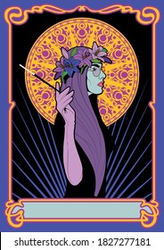 Psychedelic Hippie Art Style Poster, Hippie Girl, Floral Wreath, Cigarette, Art Nouveau Frame