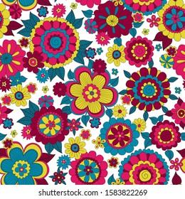 Psychedelic hippie background with flowers. Seamless pattern 60s style