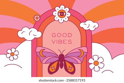 Psychedelic hippie card. Good vibes. Surreal rainbow. Horizontal banner. Abstract groovy objects. Acid mystic trip composition. Flowers and butterfly. Clouds gate. Garish