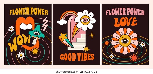 Psychedelic hippie cards. Vintage groovy posters. Bright abstract trip symbols. Good vibes. Surreal acid elements. Mushrooms and rainbows. Arch door ladder. Daisy flower