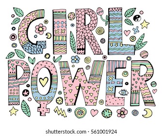 Psychedelic hippie Girl Power lettering with colorful flowers.Isolated on white background.Quote design.Drawing for prints on t-shirts and bags or poster.Vector