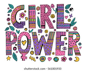 Psychedelic hippie Girl Power lettering with colorful flowers.Isolated on white background.Quote design.Drawing for prints on t-shirts and bags, stationary or poster.Vector