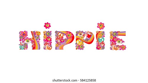 Psychedelic hippie lettering with colorful abstract flowers, peace symbol, eyes and fly agaric. Isolated on white background