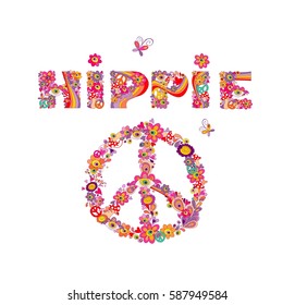 Psychedelic hippie lettering and peace symbol with colorful abstract flowers, peace symbol, eyes and fly agaric. Isolated on white background