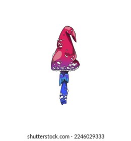 Psychedelic hippie magic mushroom in bright colors, flat cartoon vector illustration isolated on white background. Magic fantasy amanita mushroom in 70s retro style.