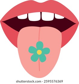 Psychedelic hippie mouth with flower on tongue. Funky peace and love symbol