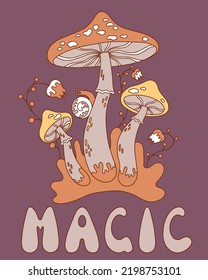 Psychedelic hippie mushrooms 70s retro style. Vector illustration.