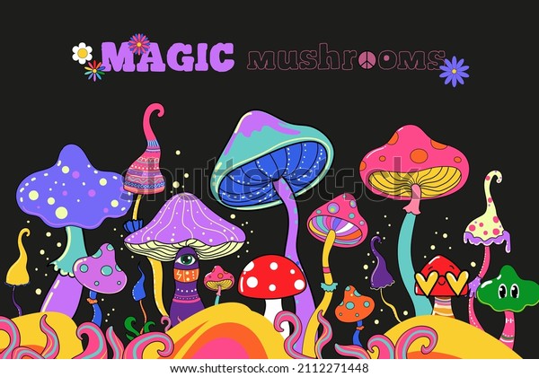 Psychedelic hippie mushrooms 70s retro style. Vector
illustration esoteric
art
