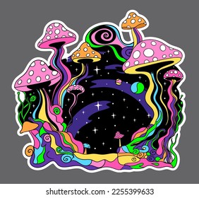 Psychedelic hippie mushrooms sticker. 70s cartoon retro style