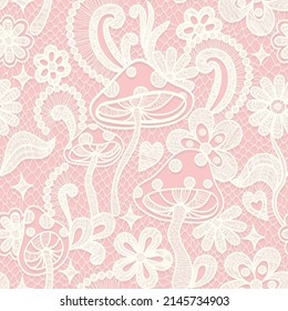 Psychedelic hippie seamless pattern. Lace texture vector illustration. Groovy botanical background with flowers and mushrooms. 60s hippy aesthetique
