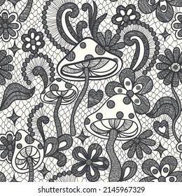 Psychedelic hippie seamless pattern. Lace texture vector illustration. Groovy botanical background with flowers and mushrooms. 60s hippy aesthetique