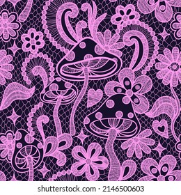 Psychedelic hippie seamless pattern. Lace texture vector illustration. Groovy botanical background with flowers and mushrooms. 60s hippy aesthetique