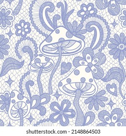Psychedelic hippie seamless pattern. Lace texture vector illustration. Groovy botanical background with flowers and mushrooms. 60s hippy aesthetique