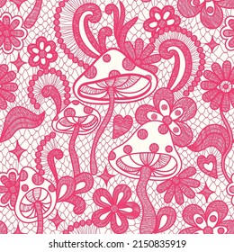 Psychedelic hippie seamless pattern. Lace texture vector illustration. Groovy botanical background with flowers and mushrooms. 60s hippy aesthetique