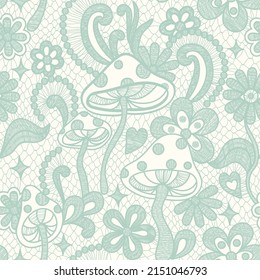 Psychedelic hippie seamless pattern. Lace texture vector illustration. Groovy botanical background with flowers and mushrooms. 60s hippy aesthetique