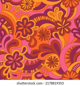 Psychedelic hippie seamless pattern. Vector nostalgic retro 60s groovy print. Vintage 70s wavy background. Textile and surface design with old fashioned hand drawn abstract floralel ements