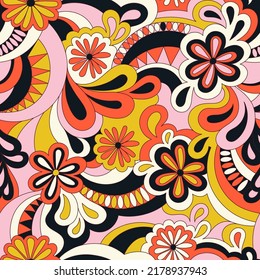 Psychedelic hippie seamless pattern. Vector nostalgic retro 60s groovy print. Vintage 70s wavy background. Textile and surface design with old fashioned hand drawn abstract floralel ements