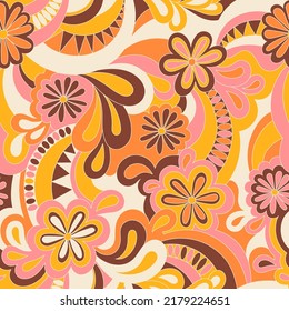 Psychedelic hippie seamless pattern. Vector nostalgic retro 60s groovy print. Vintage 70s wavy background. Textile and surface design with old fashioned hand drawn abstract floralel ements