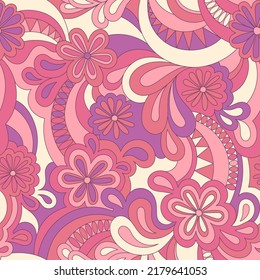 Psychedelic hippie seamless pattern. Vector nostalgic retro 60s groovy print. Vintage 70s wavy background. Textile and surface design with old fashioned hand drawn abstract floralel ements