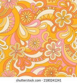 Psychedelic hippie seamless pattern. Vector nostalgic retro 60s groovy print. Vintage 70s wavy background. Textile and surface design with old fashioned hand drawn abstract floralel ements