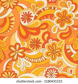 Psychedelic hippie seamless pattern. Vector nostalgic retro 60s groovy print. Vintage 70s wavy background. Textile and surface design with old fashioned hand drawn abstract floralel ements