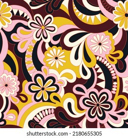 Psychedelic hippie seamless pattern. Vector nostalgic retro 60s groovy print. Vintage 70s wavy background. Textile and surface design with old fashioned hand drawn abstract floralel ements