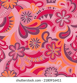 Psychedelic hippie seamless pattern. Vector nostalgic retro 60s groovy print. Vintage 70s wavy background. Textile and surface design with old fashioned hand drawn abstract floralel ements
