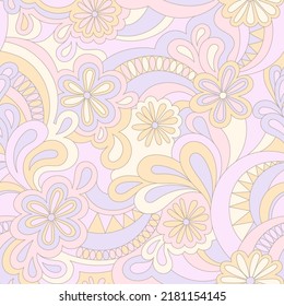 Psychedelic hippie seamless pattern. Vector nostalgic retro 60s groovy print. Vintage 70s wavy background. Textile and surface design with old fashioned hand drawn abstract floralel ements