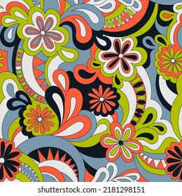 Psychedelic hippie seamless pattern. Vector nostalgic retro 60s groovy print. Vintage 70s wavy background. Textile and surface design with old fashioned hand drawn abstract floralel ements