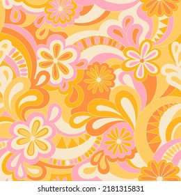 Psychedelic hippie seamless pattern. Vector nostalgic retro 60s groovy print. Vintage 70s wavy background. Textile and surface design with old fashioned hand drawn abstract floralel ements