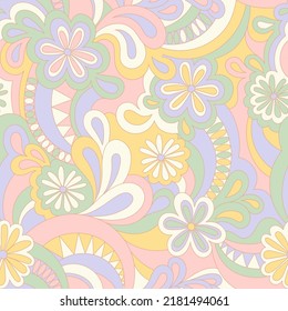 Psychedelic hippie seamless pattern. Vector nostalgic retro 60s groovy print. Vintage 70s wavy background. Textile and surface design with old fashioned hand drawn abstract floralel ements