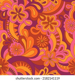 Psychedelic hippie seamless pattern. Vector nostalgic retro 60s groovy print. Vintage 70s wavy background. Textile and surface design with old fashioned hand drawn abstract floralel ements